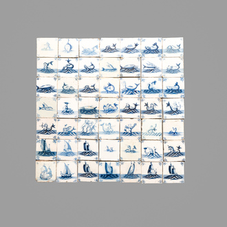 49 blue and white Dutch Delft 'Sea Creatures' and 'Ship' tiles , 17th C.