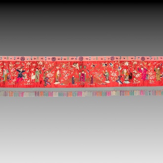 An extremely large Chinese red-ground embroidered silk 'Sanxing and Eight Immortals' panel, 19th C.