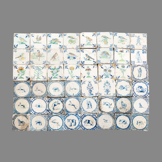 48 blue, white and polychrome Dutch Delft tiles, 17th C.