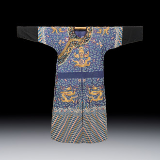 A Chinese blue-ground embroidered silk summer gauze 'Dragon' robe, 'Ji Fu' 吉服, 19th C.