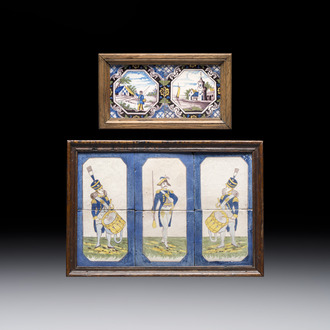 A framed six-piece 'Musicians' tile panel and two 'Landscape' tiles, France, 19th C.
