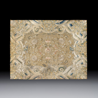 A Chinese cream-ground embroidered silk panel with bats, floral scrolls, waves and rockwork, 19th C.