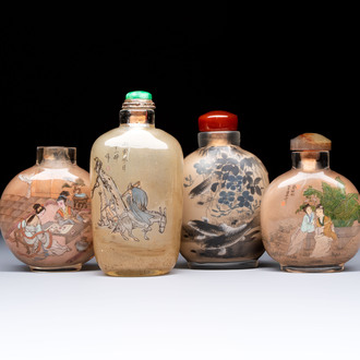 Four Chinese inside glass painted snuff bottles, 20th C.