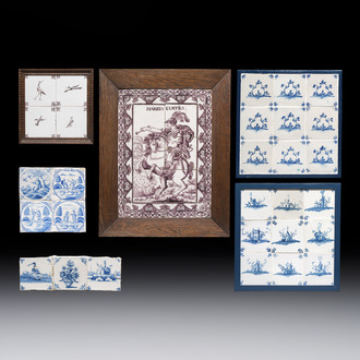 Six blue, white and manganese Dutch Delft tile panels, 18th C.