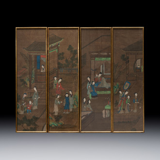 Chinese school: 'Courtyard Scenes with Figures', ink and colour on silk, 19th C.