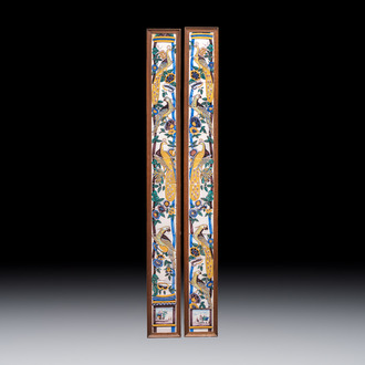A pair of polychrome Dutch Delft tile murals or 'pillars' with peacocks on columns, 18th C.