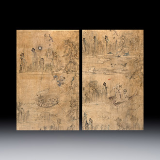 Korean school: 'Ode to the Red Cliff' and 'Immortals on a Dragon Carp', ink and colour on paper, Joseon, 18/19th C.