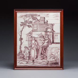A manganese Dutch Delft tile mural, Aalmis, Rotterdam, 18th C.