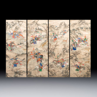 Chinese school: four 'Hunting Scene' paintings, ink and colour on paper, 19/20th C.
