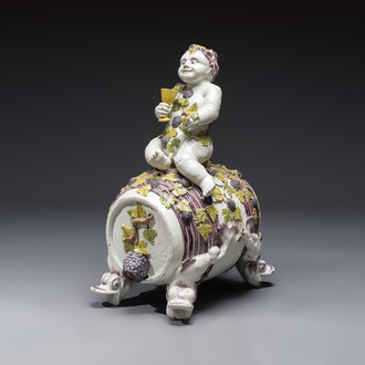 A massive polychrome Brussels faience 'Bacchus on a Barrel' fountain, 18th C.