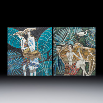 Ting Shao Kuang (b. 1939, attr. to): 'Beauty with Buffalo and Crane' and 'Two Beauties Carrying Bamboo Baskets', mixed techniques, 20th C.