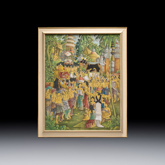 Balinese school: 'Ceremonial Festivities', oil on canvas, illegibly signed, Ubud, 20th C.