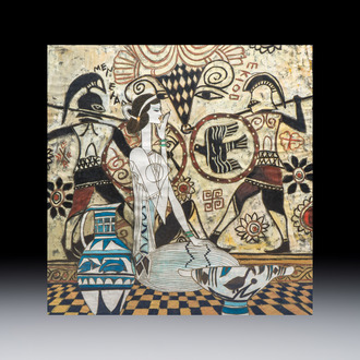 Ting Shao Kuang (b. 1939, attr. to): 'Seated Beauty before a Classical Mural', mixed techniques, 20th C.