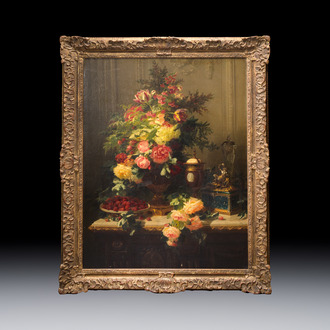 Jean-Baptiste Robie (1821-1910): 'Still Life with Roses and Wild Strawberries', oil on canvas, signed and dated 1863