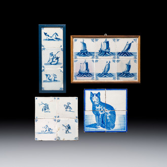 17 blue and white Dutch Delft tiles with sea monsters, ships, a cat and various figures, 17th C. and later