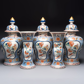 An exceptional polychrome Dutch Delft five-piece garniture in Chinese Kangxi style, first quarter 18th C.