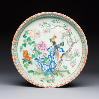 A fine Chinese famille rose pale celadon-ground 'phoenixes' dish with a reticulated rim, Qianlong