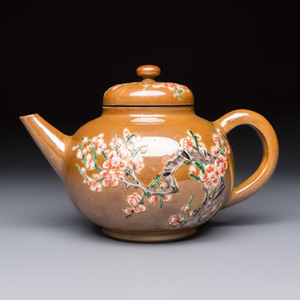 A large Chinese famille verte capucin-ground 'Prunus Blossoms' teapot and cover with relief design, Kangxi