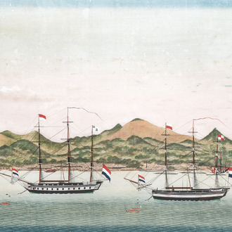 Kawahara Keiga 川原慶賀 (Japan, 1786-1860): 'Two Dutch Vessels Anchored off Deshima Harbour', gouache on silk, seal mark, 19th C.