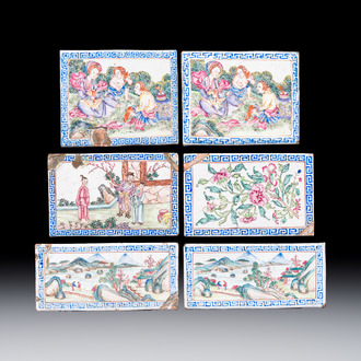 Six Chinese Canton enamel rectangular plaques with landscape, figural, floral and European subject designs, Qianlong
