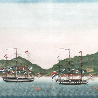 Kawahara Keiga 川原慶賀 (Japan, 1786-1860): 'Two Dutch Vessels Anchored off Nagasaki Bay', gouache on silk, seal mark, 19th C.
