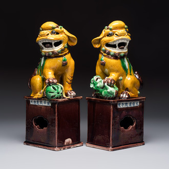 A pair of Chinese sancai-glazed Buddhist lions, Kangxi mark, 19th C.