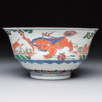 A Chinese famille verte 'Mythical Beasts and Horses' bowl, Fu 黼 mark, Kangxi