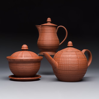 An English 4-piece engine-turned redware tea service, pseudo-Chinese marks, 2nd half 18th C.