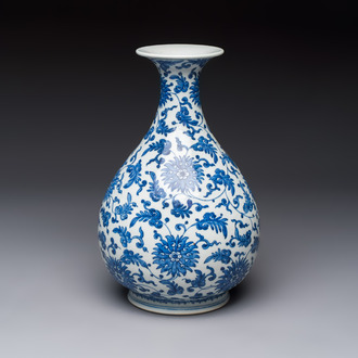 A Chinese blue and white 'Yuhuchunping' vase with lotus scroll design, Qianlong mark and of the period