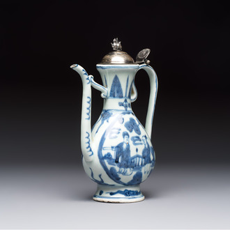 A silver-mounted Chinese blue and white 'Zhou Dunyi 周敦頤' ewer, Ming