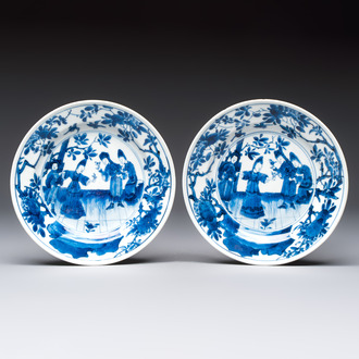 A pair of Chinese blue and white 'Sense of Smell' saucer dishes, artemisia leaf mark, Kangxi