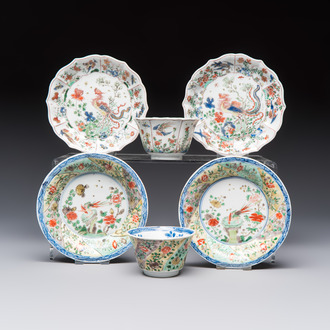 Two Chinese famille verte cups and four saucers, lingzhi and jade marks, Kangxi