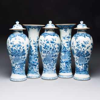 A Chinese blue and white five-piece garniture with birds among flowering branches, Qianlong