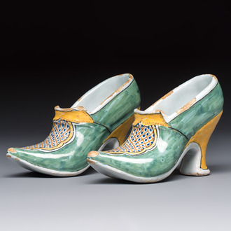 A pair of polychrome Dutch Delft models of shoes, 18th C.