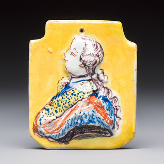 An extremely rare polychrome molded Dutch Delft orangist portrait plaque, 18th C.