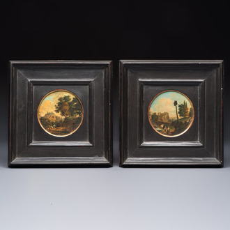 German School: a pair of 'Landscapes with Travellers', oil on paper mounted on board, 18th C.