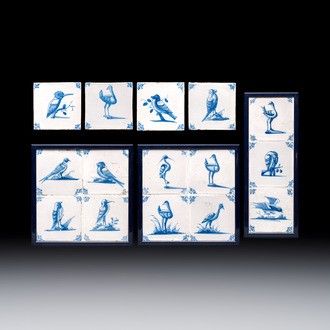15 blue and white Dutch Delft tiles with large birds, 17th C.