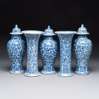 A Chinese blue and white five-piece garniture with floral design, Kangxi