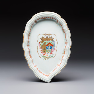 A Chinese famille rose armorial leaf-shaped dish for the Spanish market, Qianlong, ca. 1775