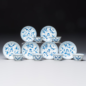 Six Chinese blue and white 'Rooster' cups and saucers, Kangxi