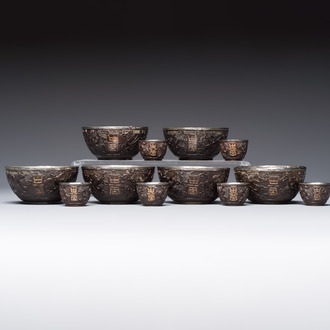 A group of 12 Chinese silver-lined coconut 'Shou 壽' bowls and cups, Wang Hengxin 王恆馨 marks, 19/20th C.