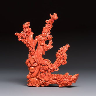 A Chinese carved red coral 'Goddess and Boy' group, 19/20th C.
