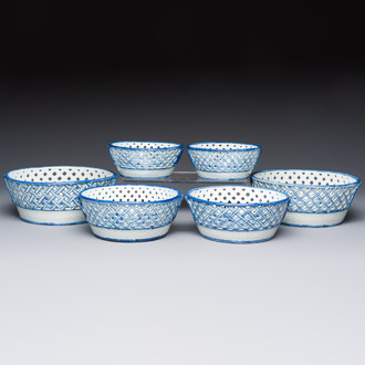 Six Chinese blue and white reticulated baskets with pagodas along a river, Qianlong