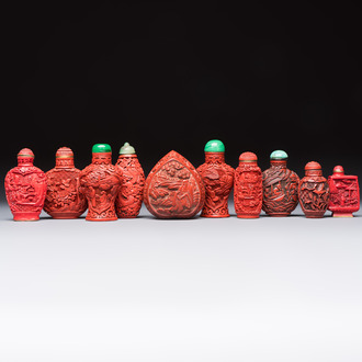 Nine Chinese cinnabar lacquer snuff bottles and a covered box, Qianlong marks, 19/20th C.