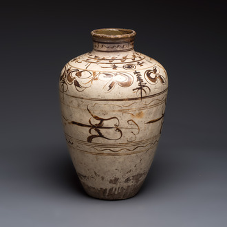 A large Chinese Cizhou ware slip-glazed wine jar, Ming