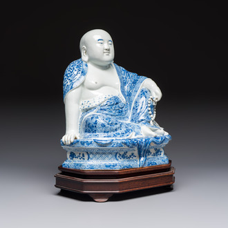 A fine Chinese blue and white Milefo Buddha on a wooden stand, Wei Hongtai Zao 魏洪泰造 mark, Republic
