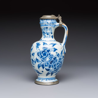 A blue and white pewter-mounted Delftware chinoiserie ewer, probably London, 17th C.