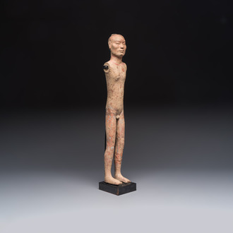 A Chinese cold-painted pottery stick man figure, Han