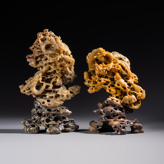 A fine Chinese carved soapstone 'Dragons among Clouds' group and a 'Phoenixes and Cranes' group, 20th C.