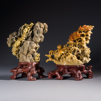 A fine Chinese carved soapstone 'Squirrels and Grapes' group and a 'Phoenixes among Peonies' group, 20th C.